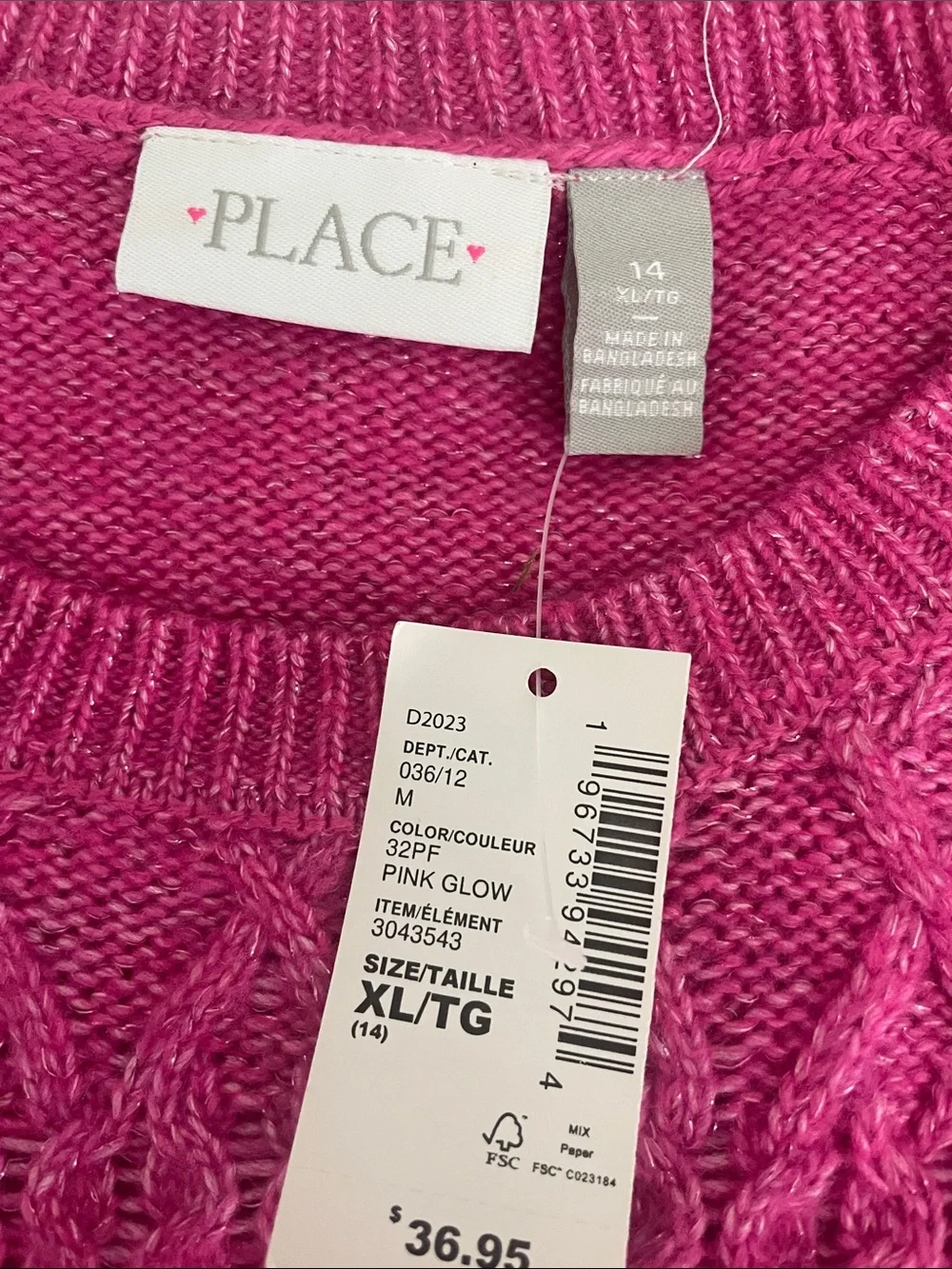 The Children's Place Bright Fuchsia Cable Knit Crew Sweater